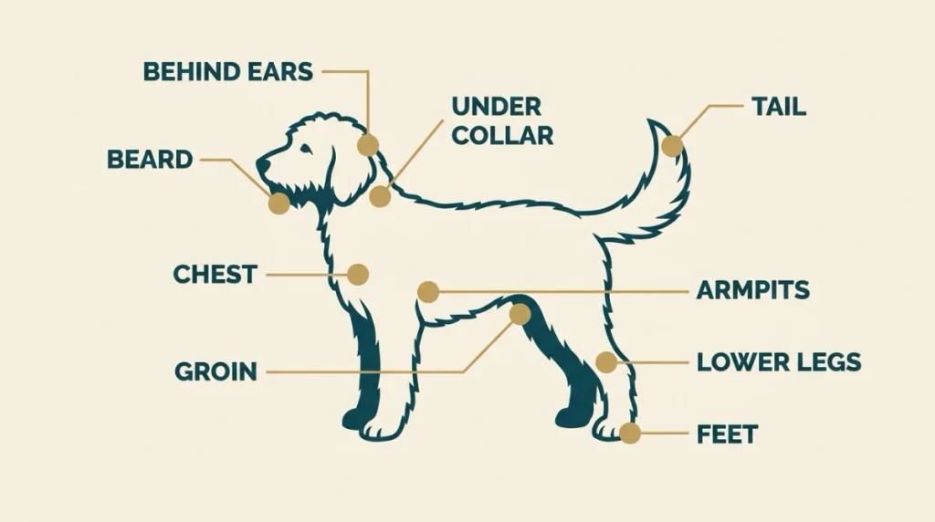 Goldendoodle body map showing nine common matting areas checked during brushing.