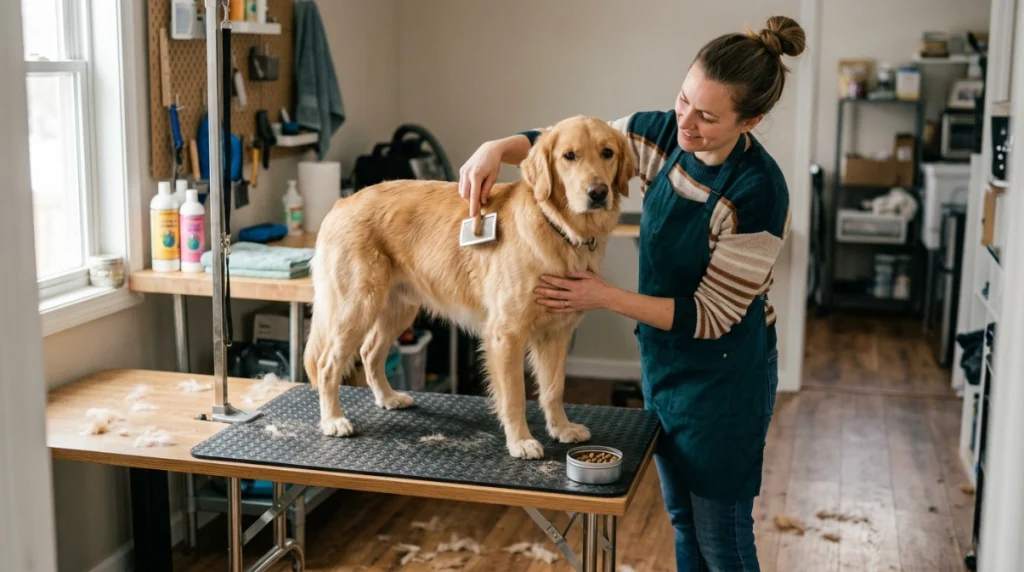 Calm dog grooming setup showing secure footing, gentle brushing, treats, and no physical restraint.