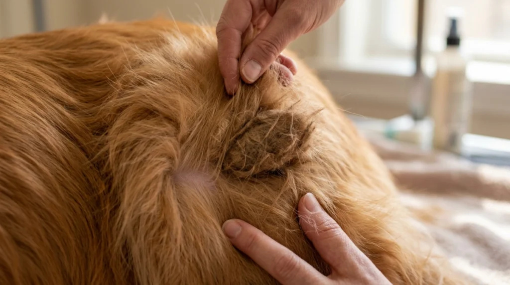 Dog fur separated to reveal hidden mat