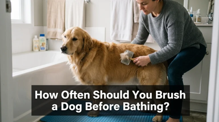 Golden Retriever being brushed beside a bathtub before bathing.
