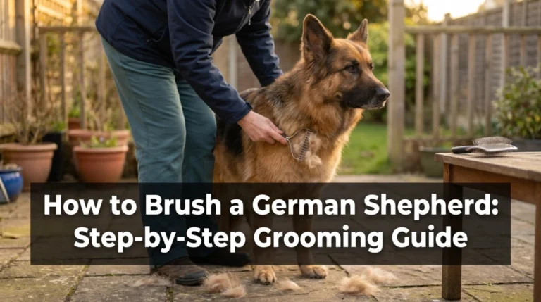 Owner learning how to brush a German Shepherd with an undercoat rake during home grooming