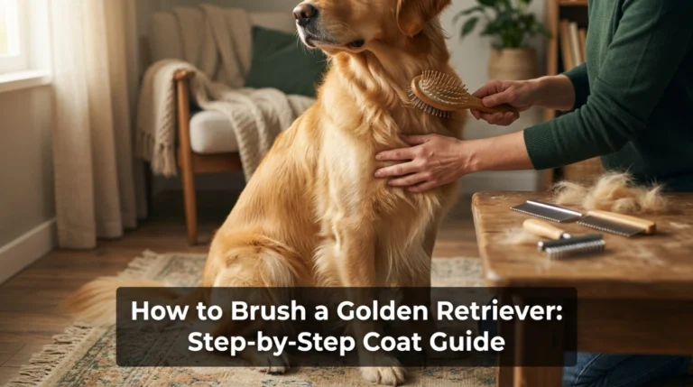 How to brush a Golden Retriever using a pin brush on its thick double coat