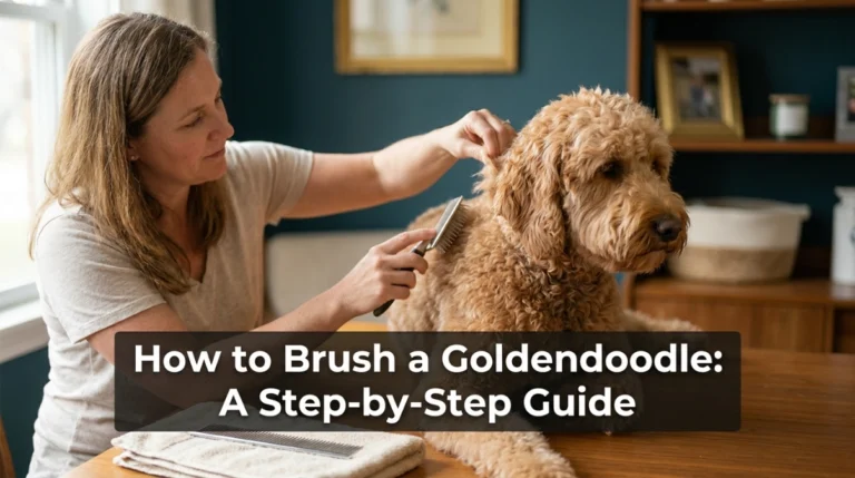 Owner demonstrating how to brush a Goldendoodle using a slicker brush and metal comb.