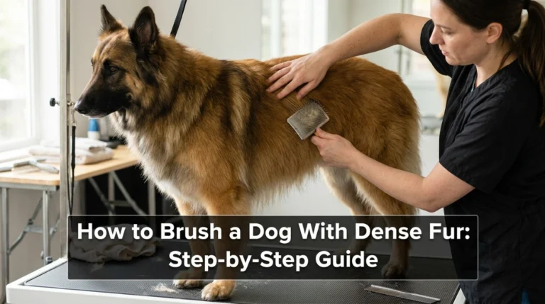 Groomer gently brushing a dense-coated dog in small sections with slicker brush and comb.