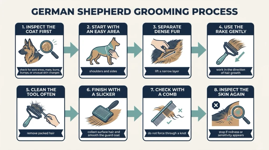  Eight-step infographic showing how to brush a German Shepherd correctly