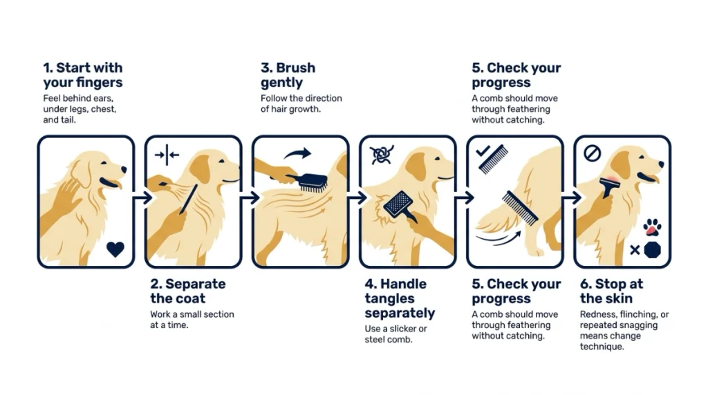 What brush is best for a Golden Retriever infographic showing six gentle brushing steps