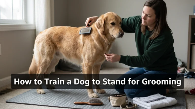 Dog calmly standing on a non-slip mat while owner brushes and rewards