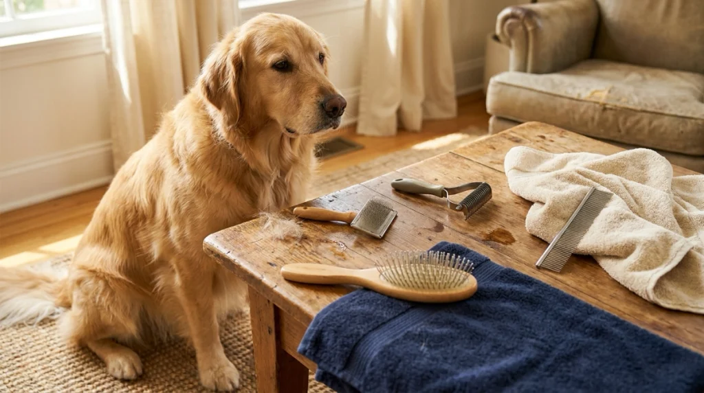 What brush is best for a Golden Retriever shown with a complete four-tool grooming kit