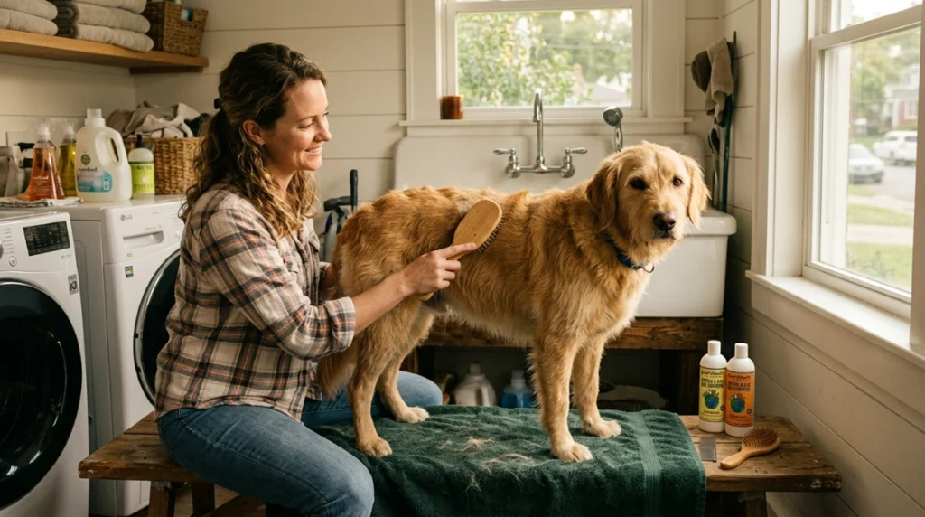 Checklist showing six ways to prepare a dog for easier post-bath brushing.
