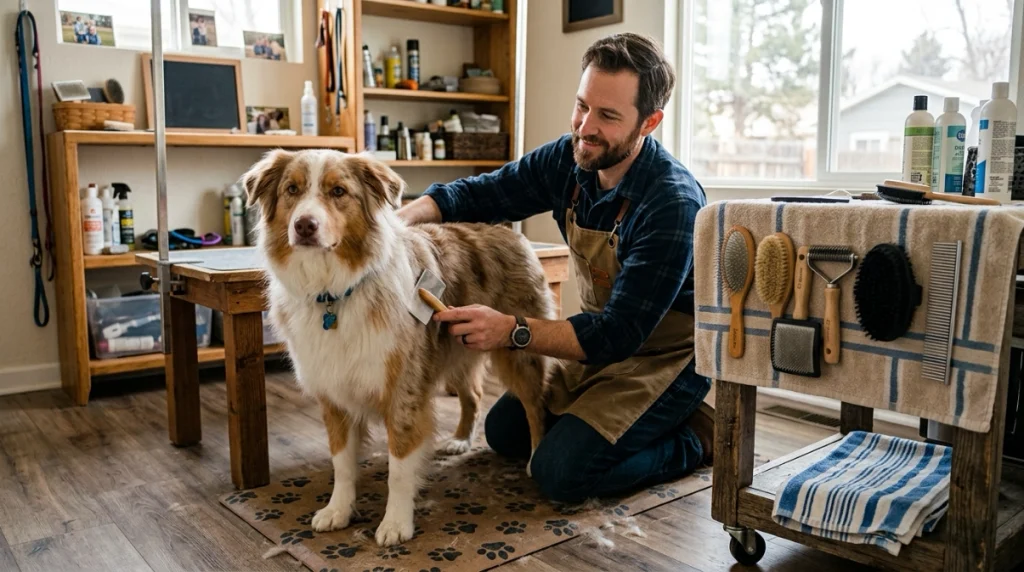 Owner gently brushes a dog beside six coat-specific grooming tools.