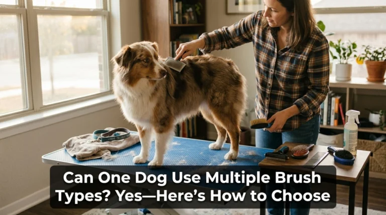 Dog beside slicker, rake, rubber brush, pin brush and comb for a multi-brush