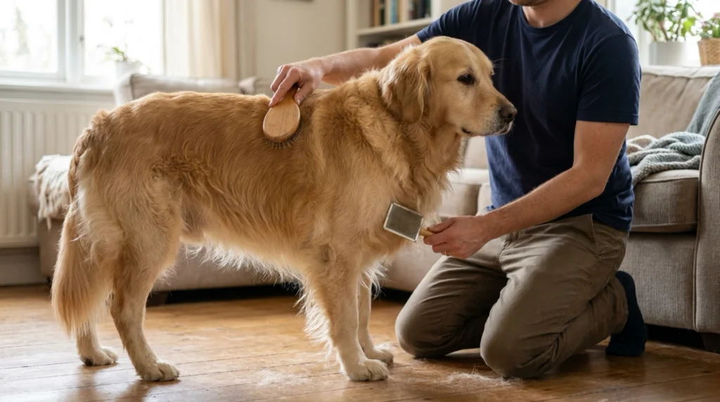 What brush is best for a Golden Retriever comparison showing pin and slicker brushes in use