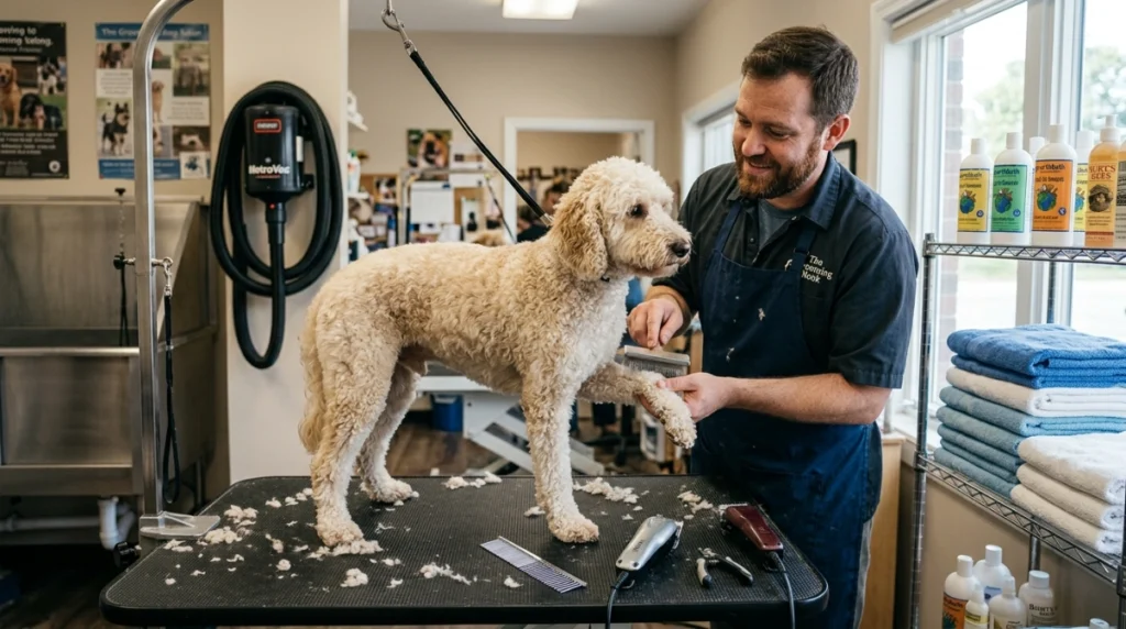 Groomer brushes a dog beside clippers, nail tools, towels, shampoo, and drying equipment.