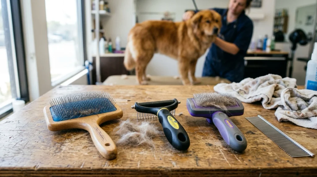 Chris Christensen Big G, FURminator rake, and Hertzko slicker displayed in a grooming studio.
