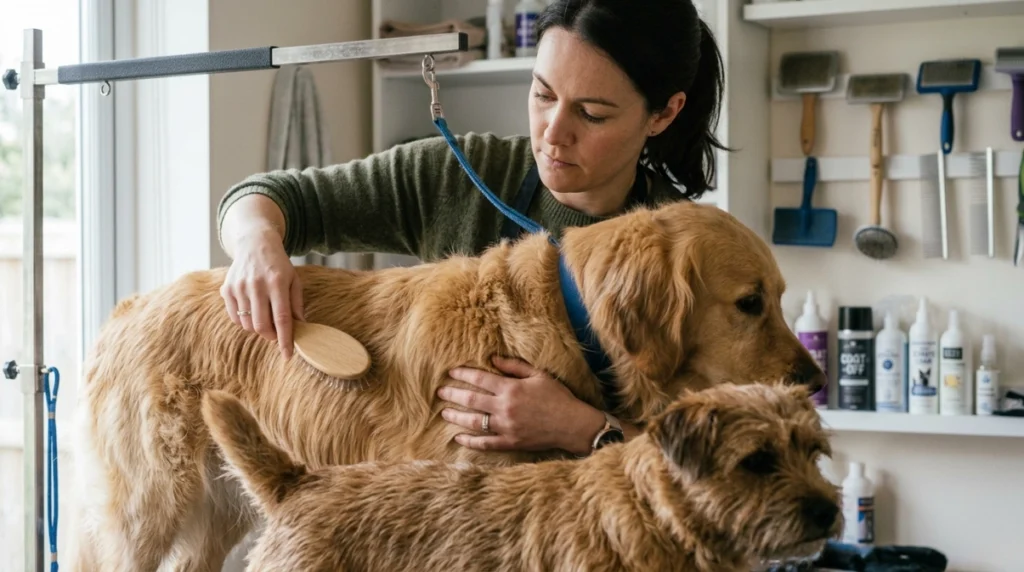 Owner checking dog coat before brushing