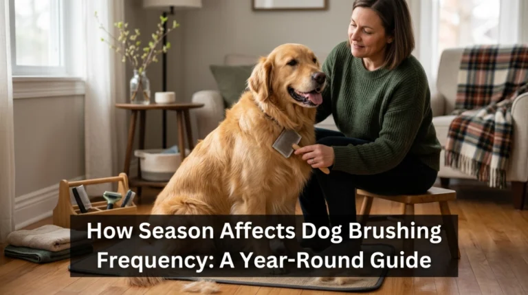 Dog being brushed with seasonal grooming theme