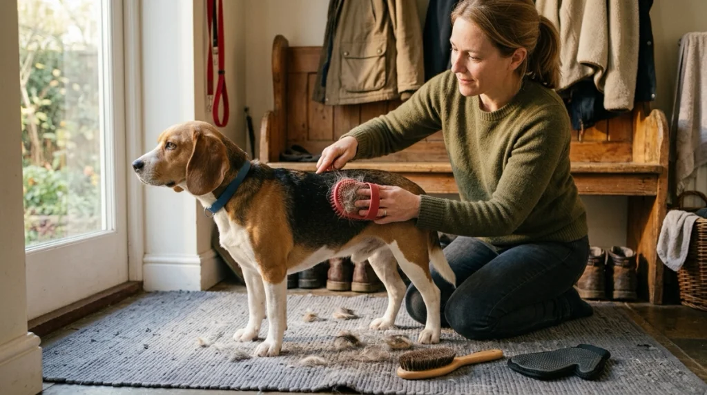 Owner brushing a short-haired Beagle with a rubber curry brush at home.