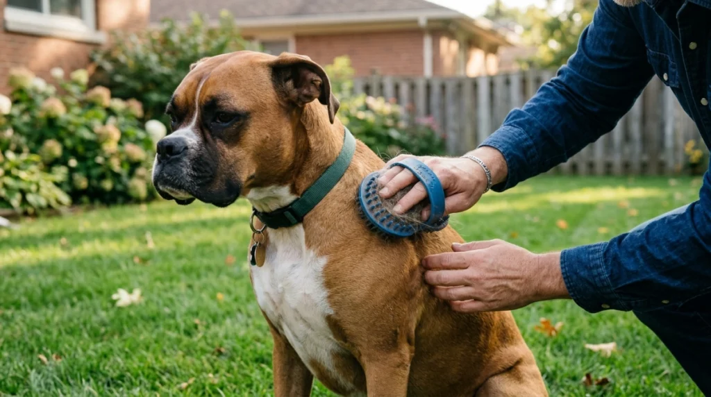 Boxer dog getting weekly grooming with rubber brush