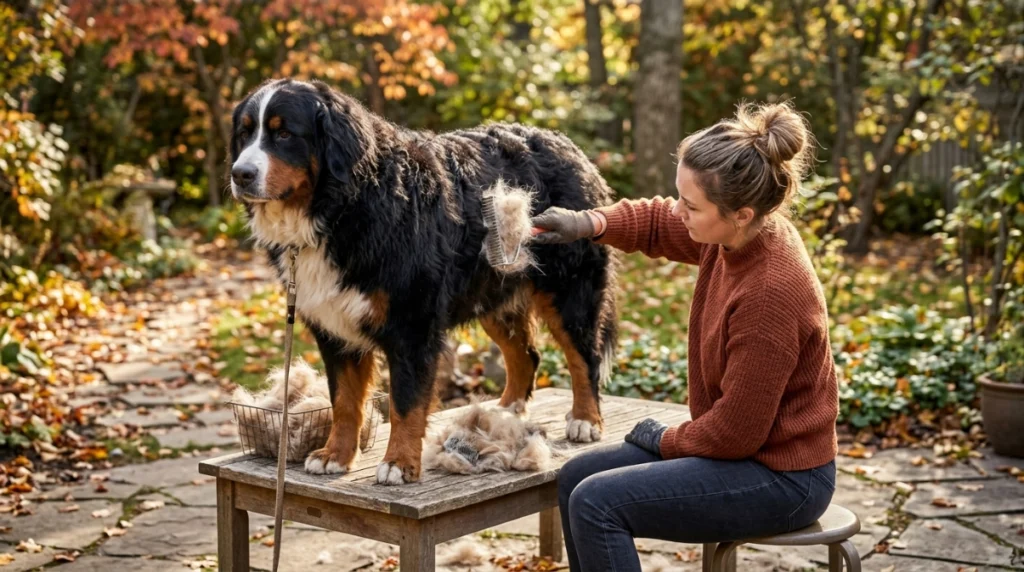 Double-coated dog being brushed during shedding season