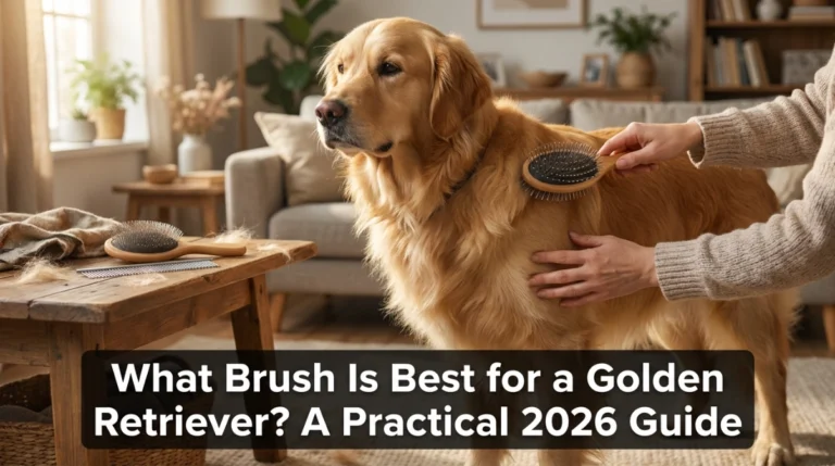 What brush is best for a Golden Retriever shown during gentle pin-brush grooming at home