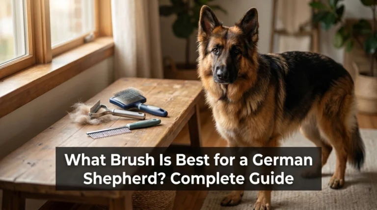 German Shepherd beside undercoat rake and slicker brush for double-coat grooming