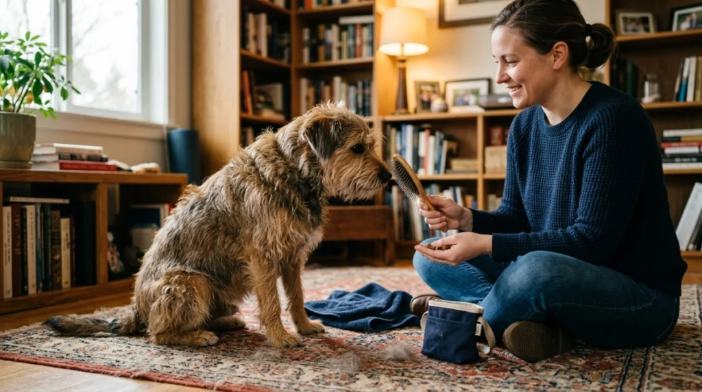 Infographic explaining desensitization, rewards, gradual progression, and comfort during dog brushing.