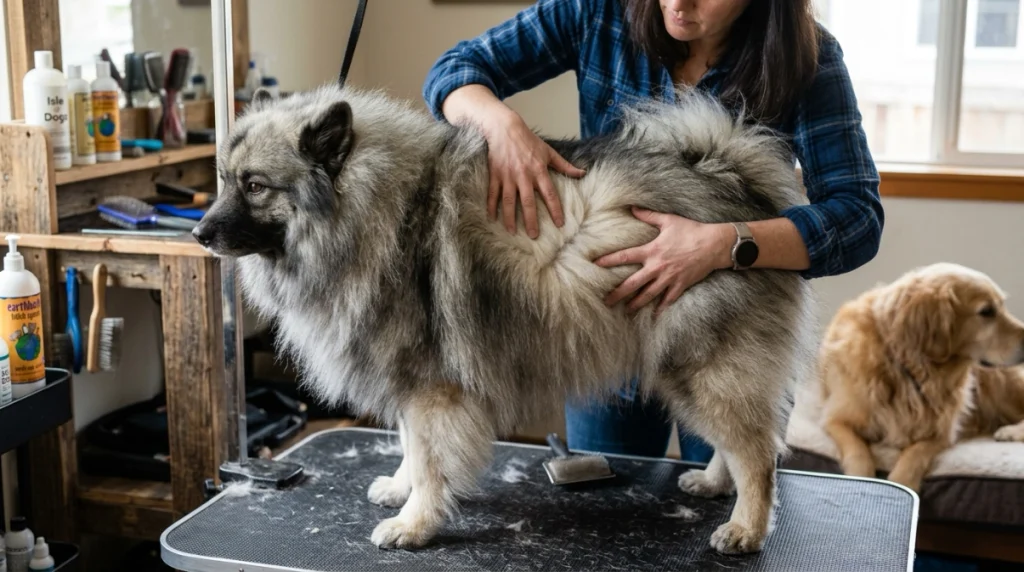 Owner parts a Keeshond's dense coat to reveal packed undercoat beneath outer guard hairs.