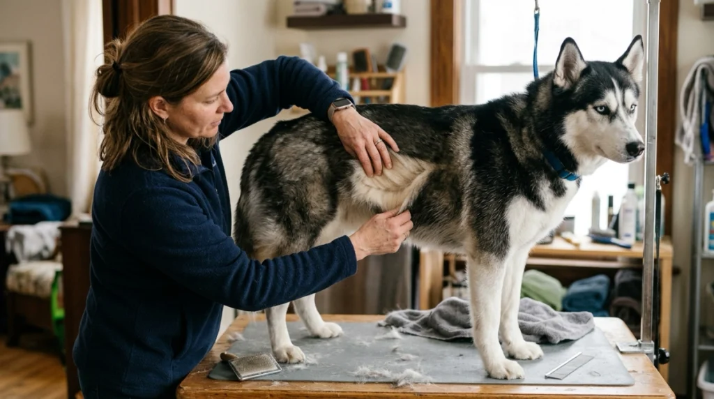 Parted Siberian Husky coat showing long guard hairs and dense soft undercoat.