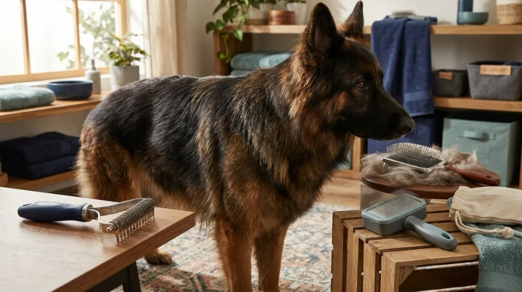 German Shepherd beside undercoat rake and two slicker brush styles for coat grooming