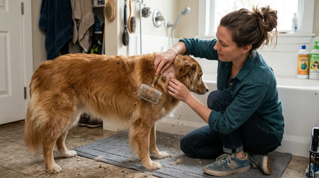 Owner brushing dry dog fur and checking skin before bathing.