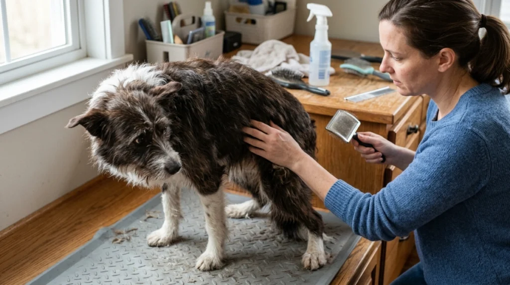 Nervous dog reacting to grooming brush
