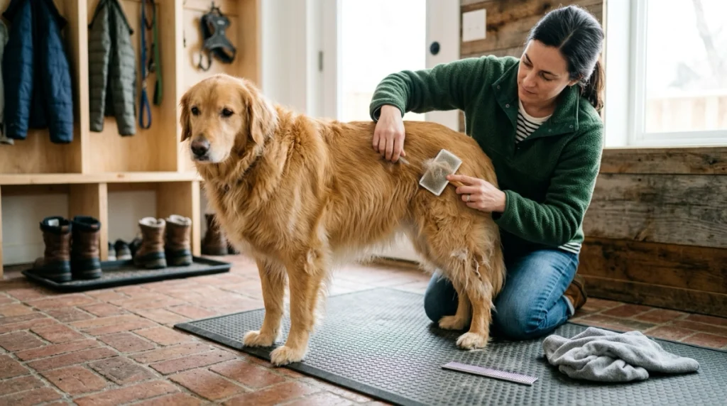 Owner brushes a long-coated dog while a metal comb waits for the final check.