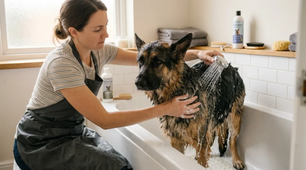 German Shepherd getting a gentle bath for shedding management