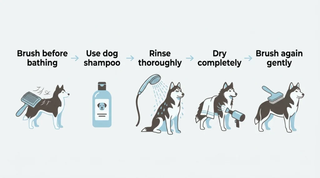 Five-step Siberian Husky bath routine from pre-brushing through complete drying and final brushing