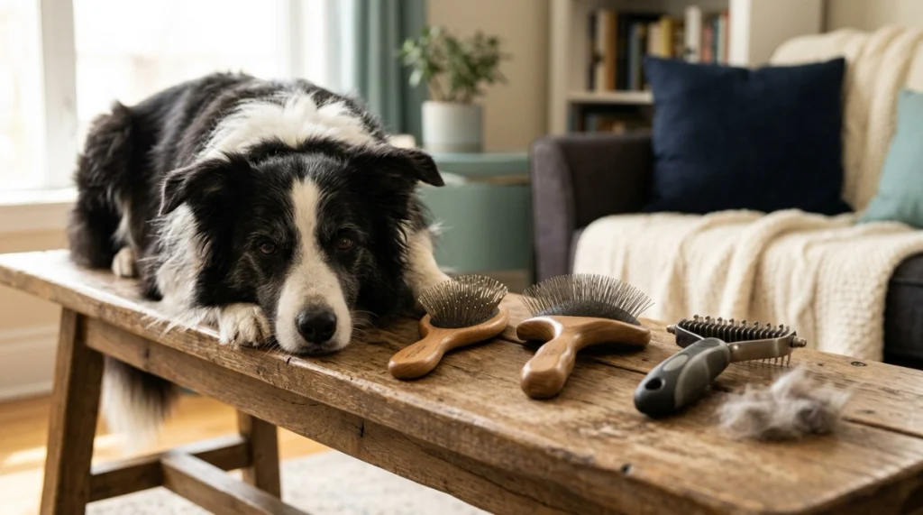 Border Collie with oval pin brush, long-pin slicker, and dual-sided grooming rake.