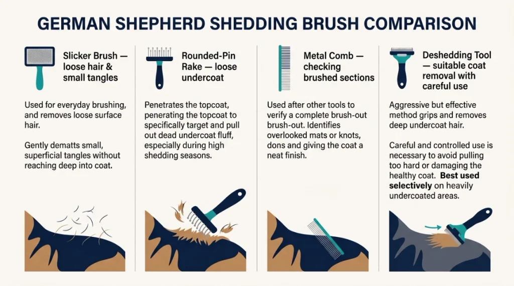 Infographic comparing grooming brushes for German Shepherd undercoat care