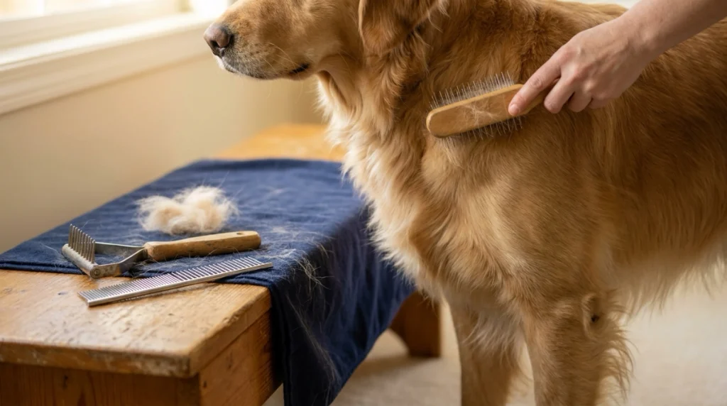 Golden Retriever grooming setup with slicker brush, undercoat rake, and steel finishing comb.