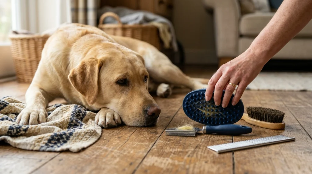 Rubber curry, bristle, de-shedding brush and comb beside a Labrador Retriever