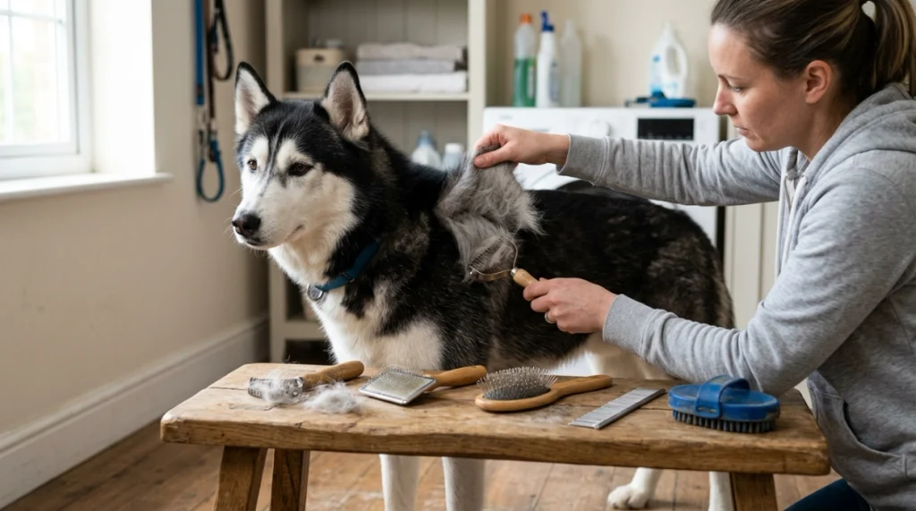 Siberian Husky with undercoat rake, slicker brush, pin brush, steel comb, and curry brush