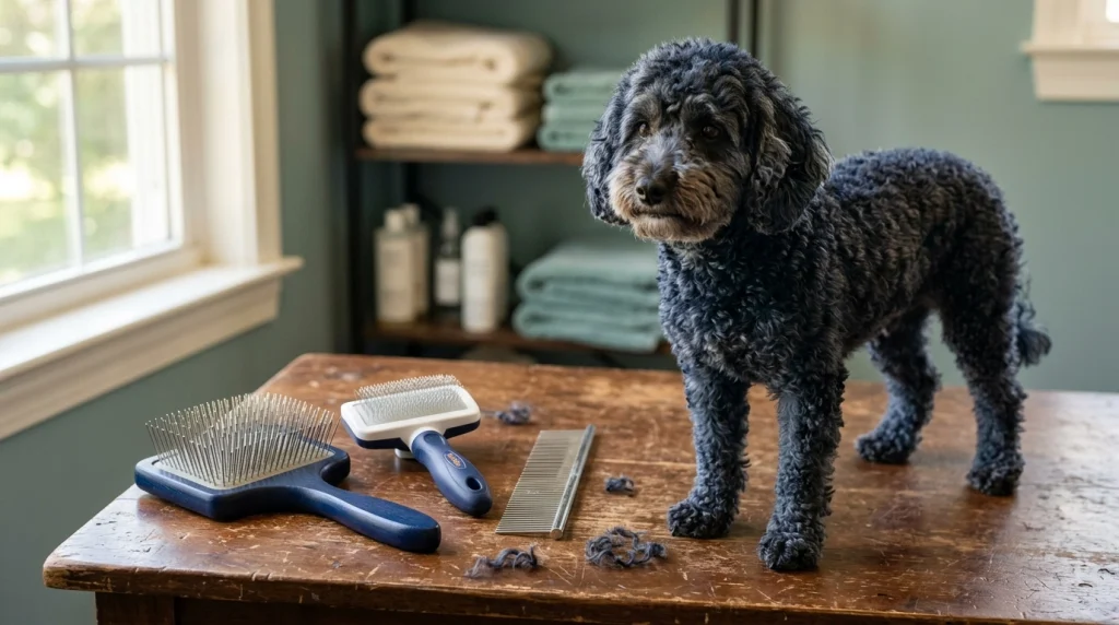 Long-pin slicker, self-cleaning slicker and steel comb beside a curly-coated dog
