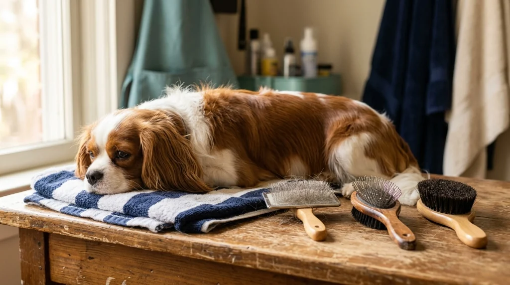 Pin-and-bristle, soft bristle, and gentle slicker brushes arranged beside a fine-haired dog