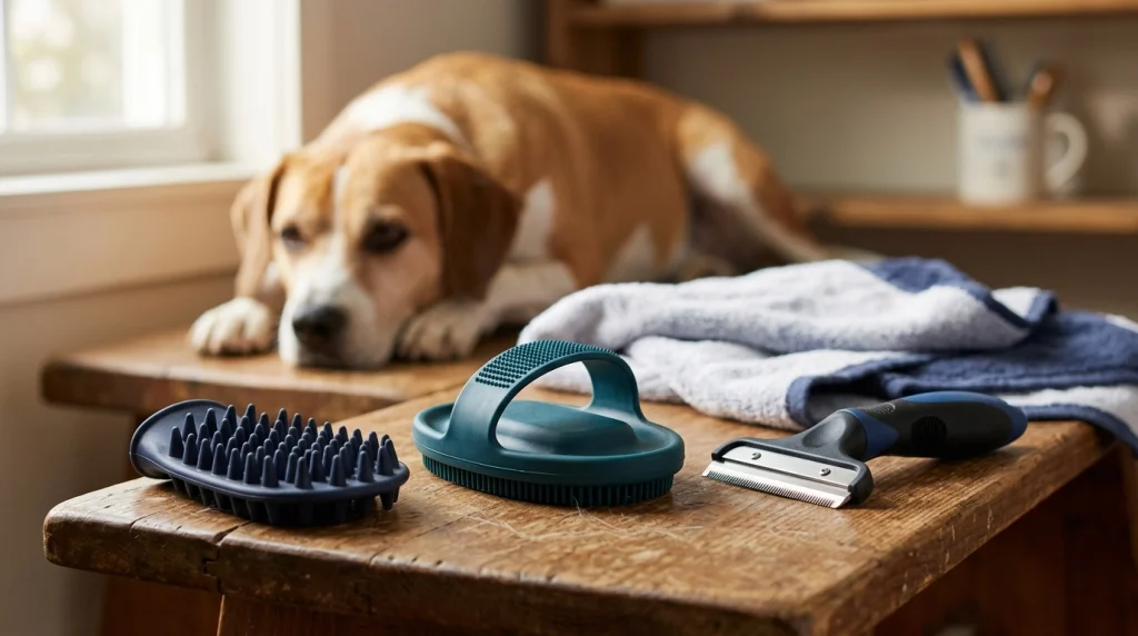 Rubber curry, grooming brush, and de-shedding tool for short dog coats