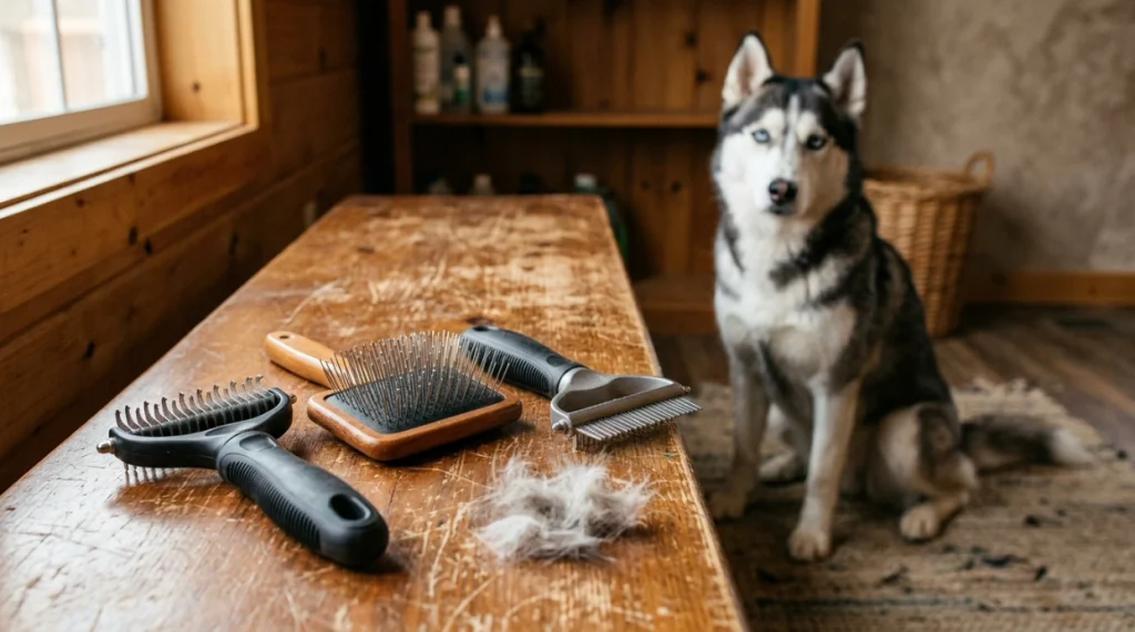Husky beside dual-sided undercoat rake, long-pin slicker and double-row grooming rake