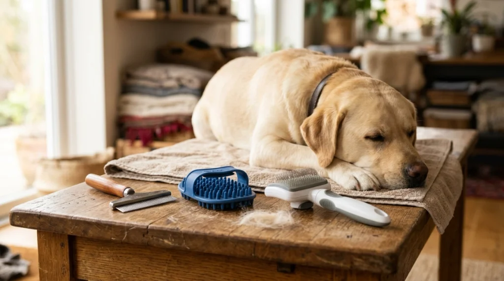 Labrador beside de-shedding, rubber curry, and slicker brushes for different grooming needs.