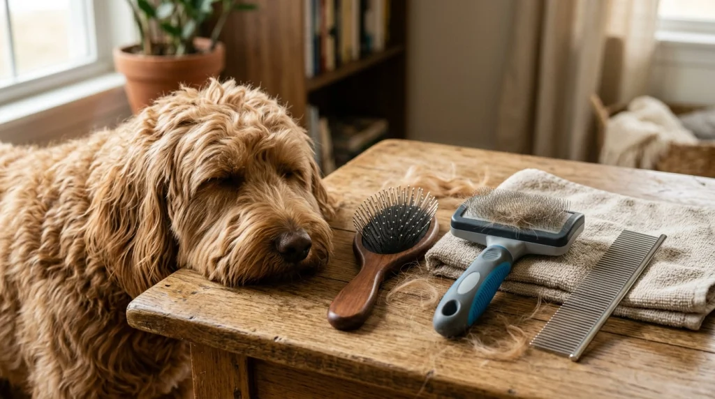 Pin brush, slicker brush and metal comb beside a wavy-coated dog