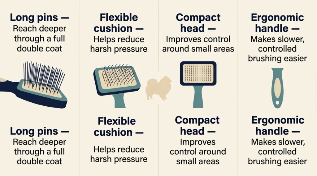 Infographic comparing long pins, flexible cushion, compact head and ergonomic handle