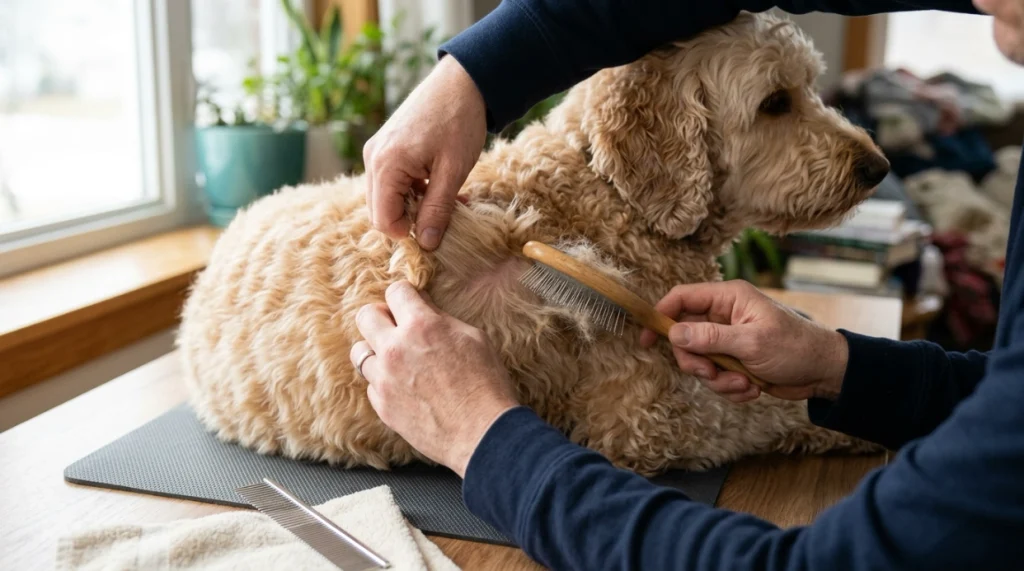 Goldendoodle line brushing with a slicker brush and metal comb for shedding control