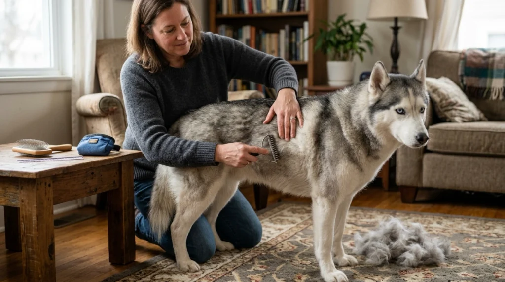 Owner removing loose Siberian Husky undercoat with a rake during a calm grooming session