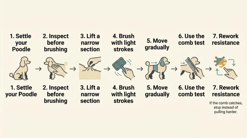Seven-step Poodle line brushing infographic from coat inspection through the final metal comb test