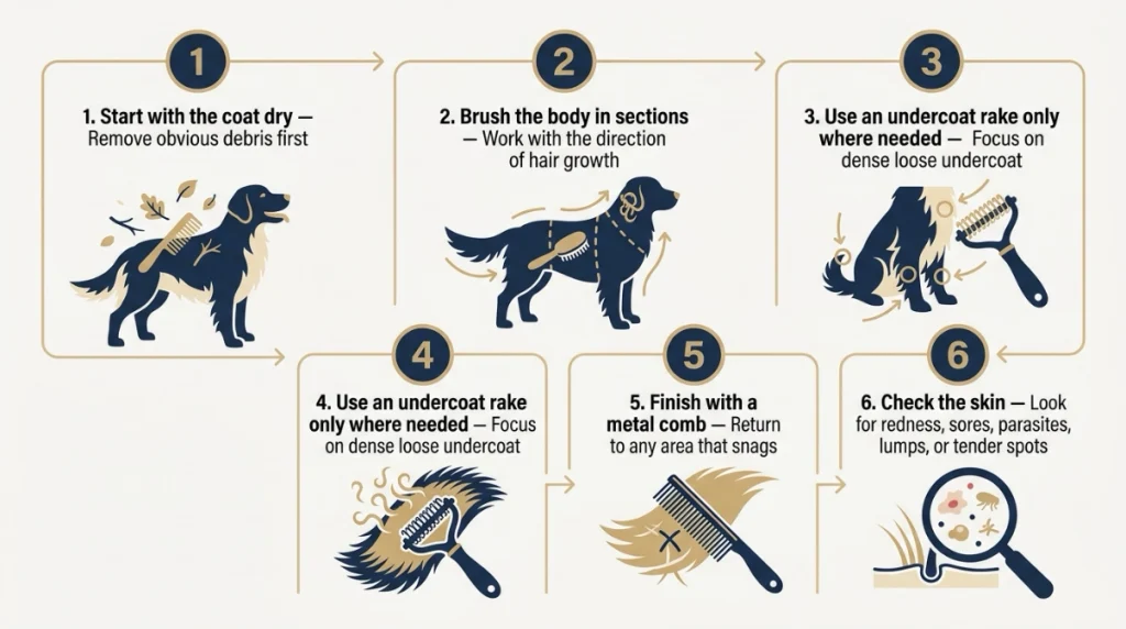 Owner brushing a Golden Retriever in sections with a slicker brush, undercoat rake, and finishing comb.